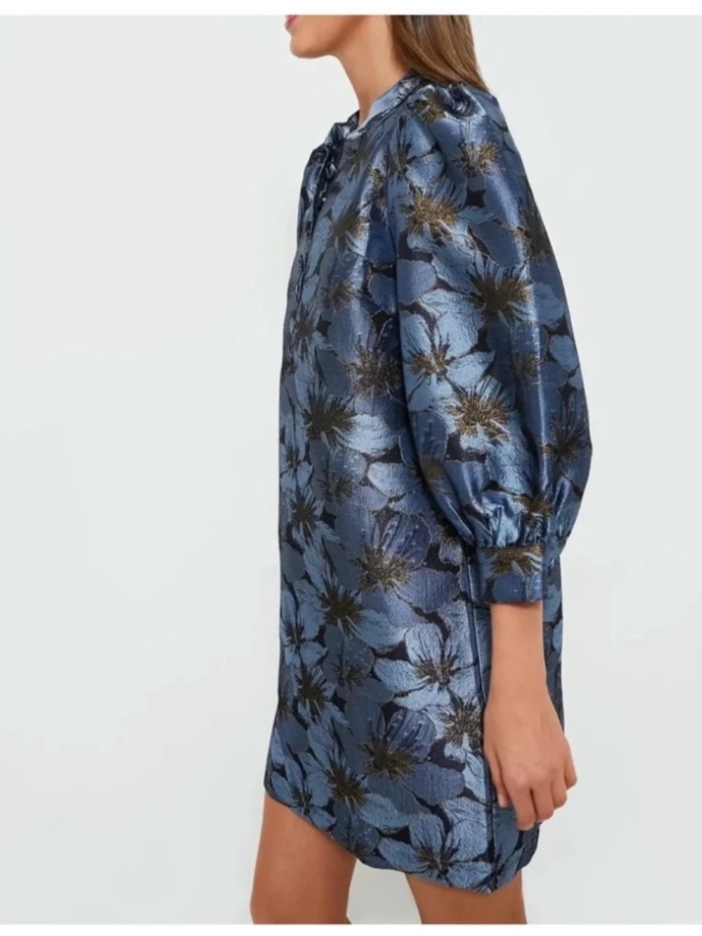 Pomander Place Blue Jacquard Samantha Dress Floral Balloon Sleeves XXL - Picture 3 of 16